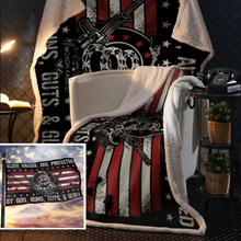 Load image into Gallery viewer, Born Raised and Protected By God, Guns, Guts and Glory 2nd Amendment Sherpa Blanket - 50x60 + Free Matching 3x5' Single Reverse Flag