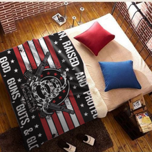 Load image into Gallery viewer, Born Raised and Protected By God, Guns, Guts and Glory 2nd Amendment Sherpa Blanket - 50x60 + Free Matching 3x5' Single Reverse Flag