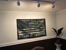 Load image into Gallery viewer, LAND OF THE FREE GREEN CAMO FLAG