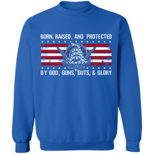 Load image into Gallery viewer, Born Raised and Protected By God, Guns, Guts and Glory 2nd Amendment Pullover Sweatshirt  8 oz.