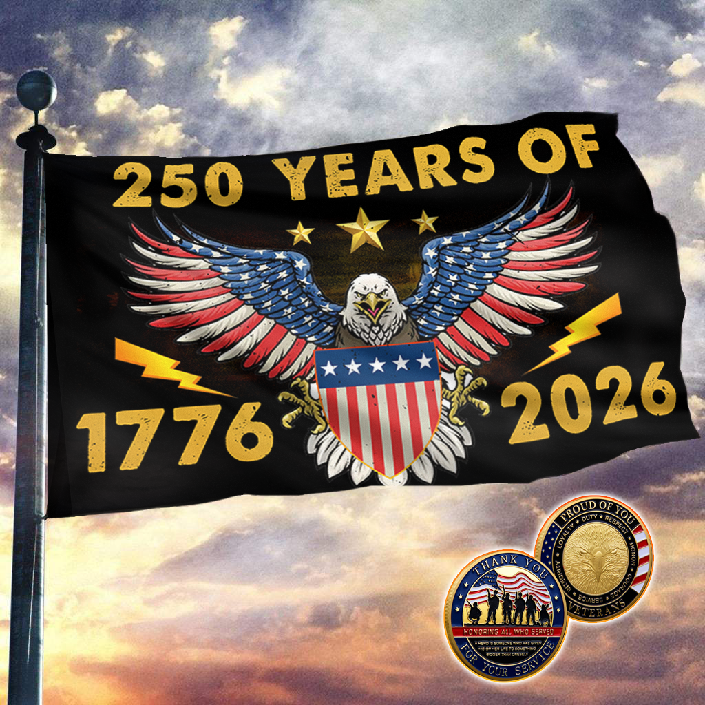 Patriotic 250th Anniversary U.S. Flag (1776–2026) + Veteran Coin - Bundle