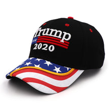Load image into Gallery viewer, Trump 2020 Flag Bill USA Flag Hat + FREE Trump Rally Bracelet &amp; Sticker Combo