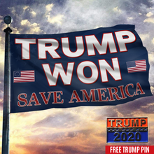 Load image into Gallery viewer, Trump Won, Save America Flag with FREE Trump 2020 Pin