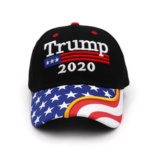 Load image into Gallery viewer, Trump 2020 Flag Bill USA Flag Hat + FREE Trump Rally Bracelet &amp; Sticker Combo