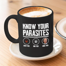 Load image into Gallery viewer, Know Your Parasites 11 oz. Black Mug