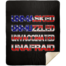 Load image into Gallery viewer, Unmasked. Unmuzzled. Unvaccinated. Unafraid. Premium Mink Sherpa Blanket (Black) (RTL)