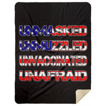 Load image into Gallery viewer, Unmasked. Unmuzzled. Unvaccinated. Unafraid. Premium Mink Sherpa Blanket (Black) (RTL)