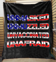 Load image into Gallery viewer, Unmasked. Unmuzzled. Unvaccinated. Unafraid. Premium Mink Sherpa Blanket (Black) (RTL)