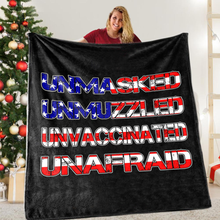 Load image into Gallery viewer, Unmasked. Unmuzzled. Unvaccinated. Unafraid. Premium Mink Sherpa Blanket (Black) (RTL)