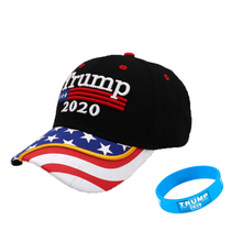 Load image into Gallery viewer, Trump 2020 Flag Bill USA Flag Hat + FREE Trump Rally Bracelet &amp; Sticker Combo